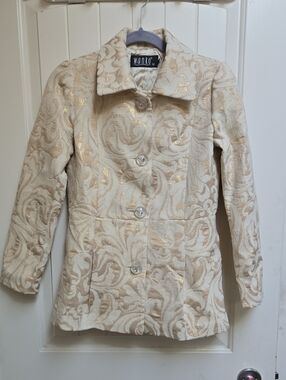 Wanko Women's Cream Brocade Pea Coat with Accent Buttons Long Sleeve